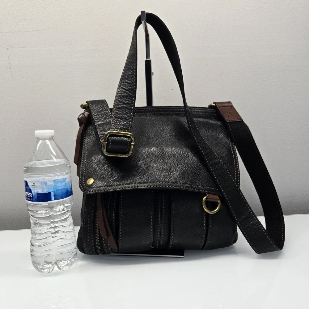 Fossil Crossbody Messenger Bag Medium Black Pebbled Leather Multi Pocket Utility